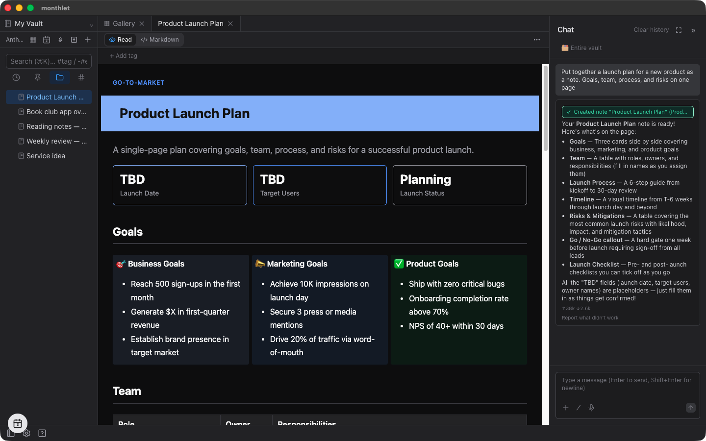 Right after asking “Put together a launch plan for a new product as a note. Goals, team, process, and risks on one page”: three stats at the top of the note, and three cards in three columns below them