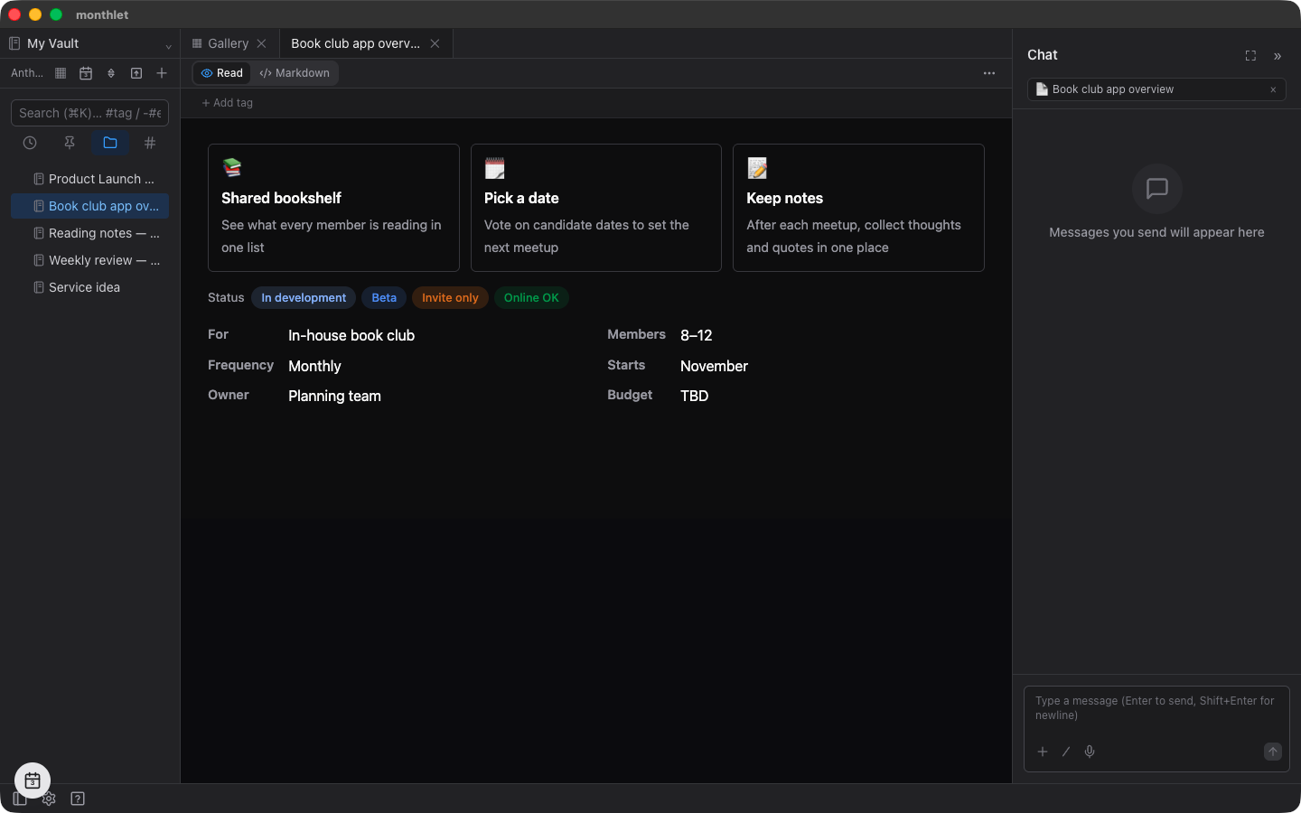 A note with Feature cards, Badges, and a Key-value list