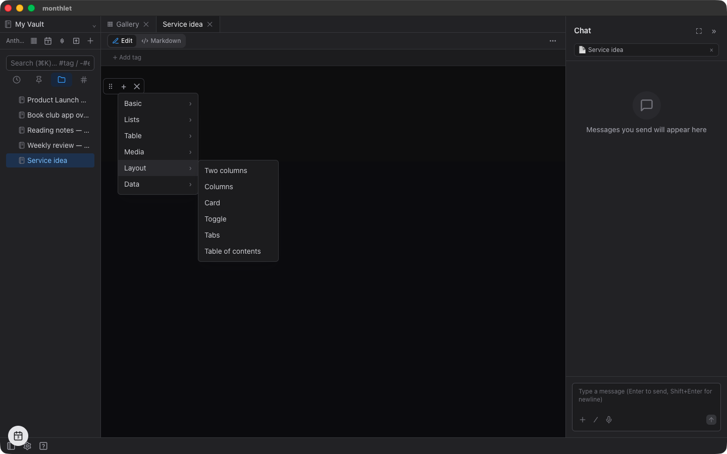 The picker opened from “Add a block below”: the “Layout” group lists Two columns, Columns, Card, Toggle, Tabs, and Table of contents
