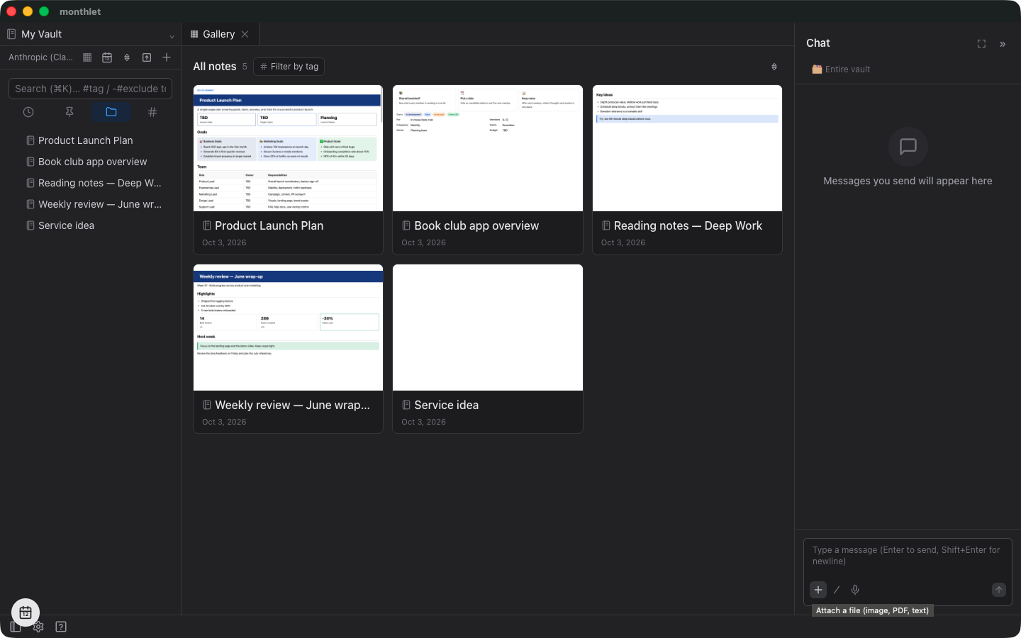 The + button at the bottom left of the chat input, with the tooltip “Attach a file (image, PDF, text)”