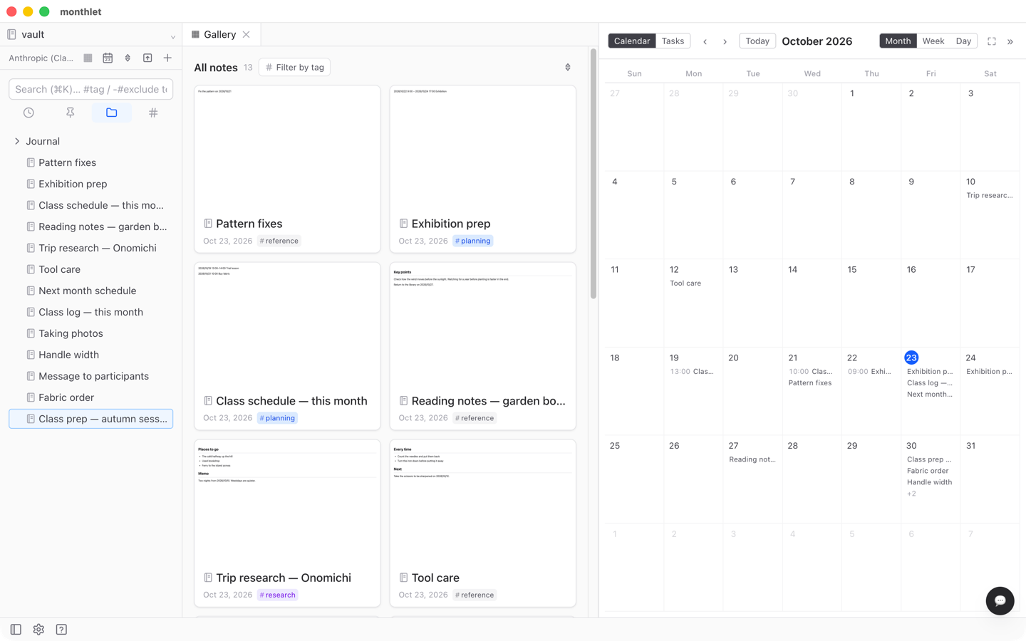 The month view open in the right panel. Each day lists the titles of its notes, and a day with four or more collapses the rest into “+N”