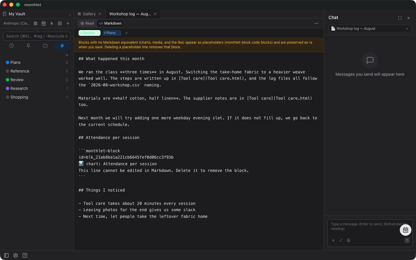 Markdown mode, with the notice at the top and the lines that stand in for replaced blocks