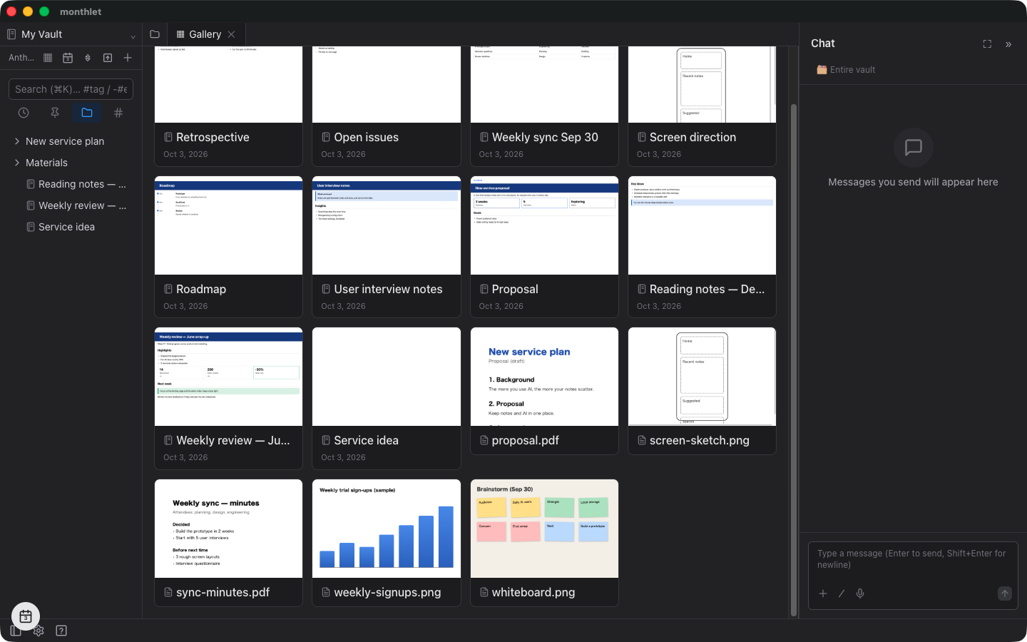 Image and PDF cards in a gallery, each showing a scaled-down preview of its contents