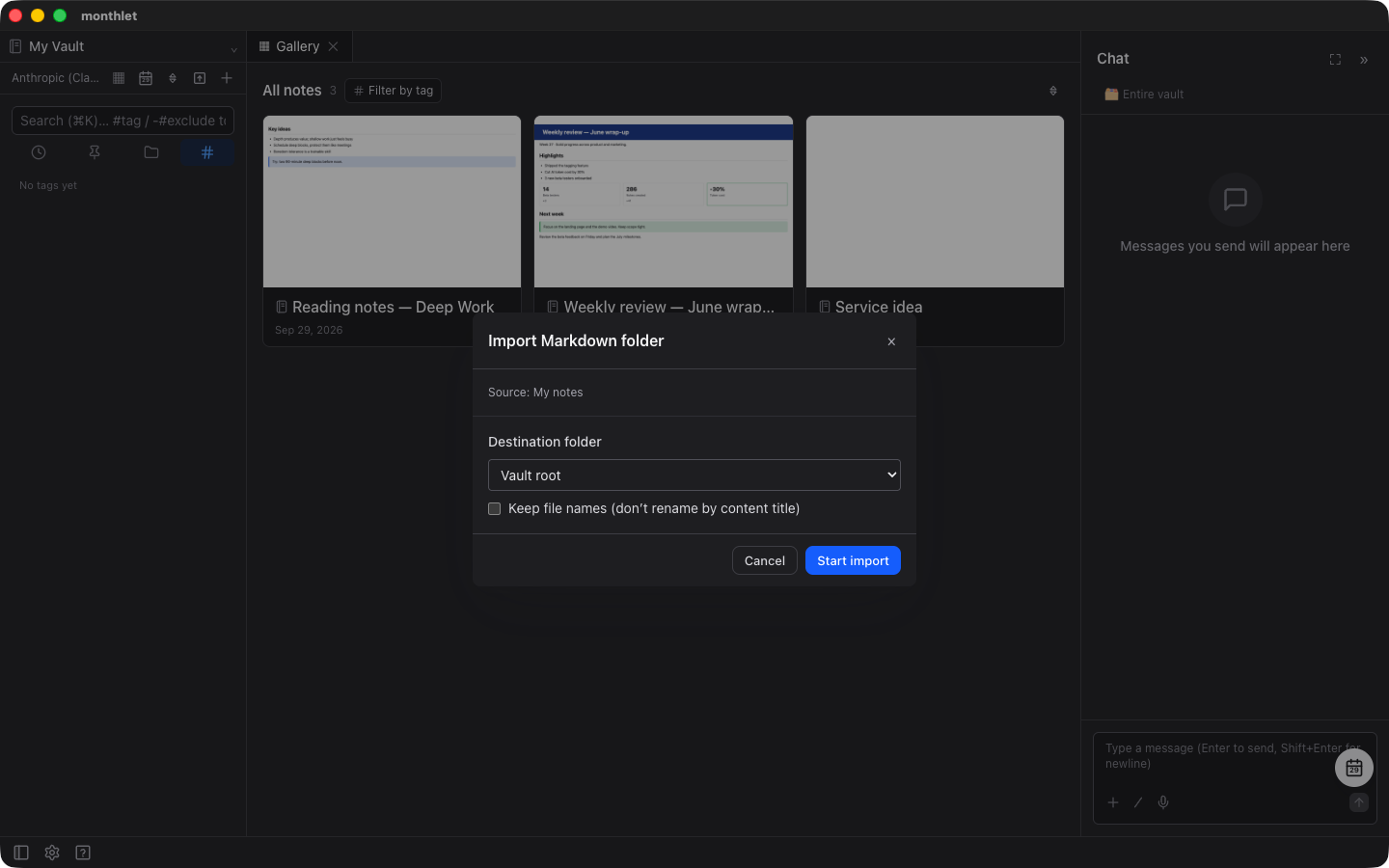 “Import Markdown folder”, which opens after you choose a folder. Choose the destination and press “Start import”