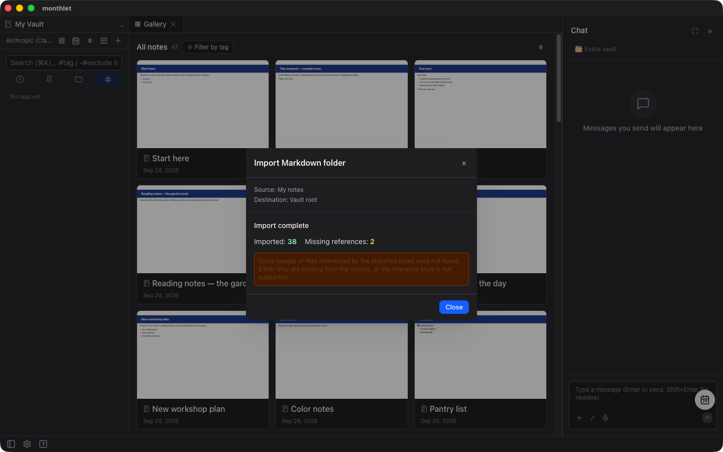 The import complete screen. The “Imported” count and the “Missing references” count appear side by side