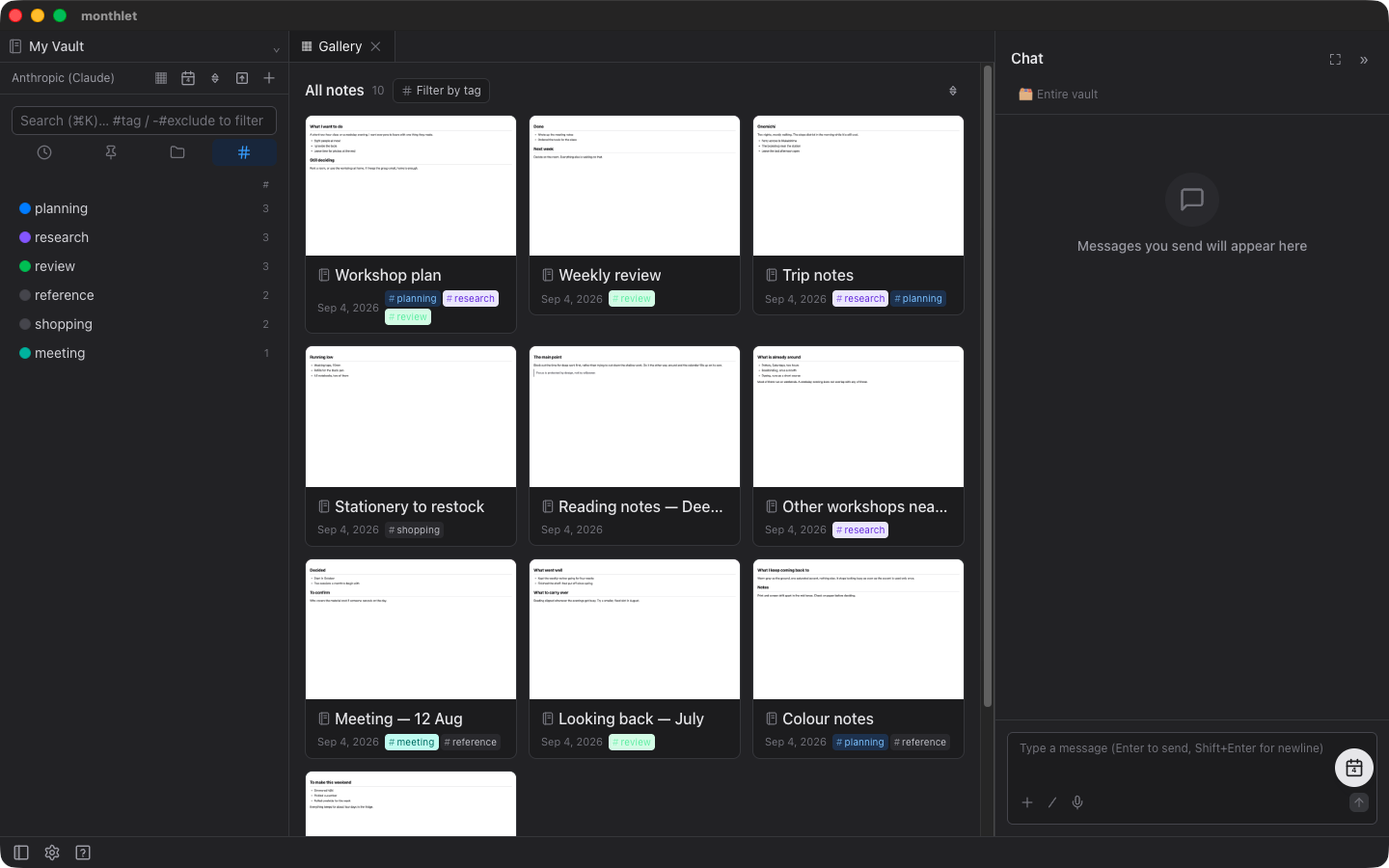 The tags tab in the sidebar, listing every tag in the vault with its color and how many notes use it