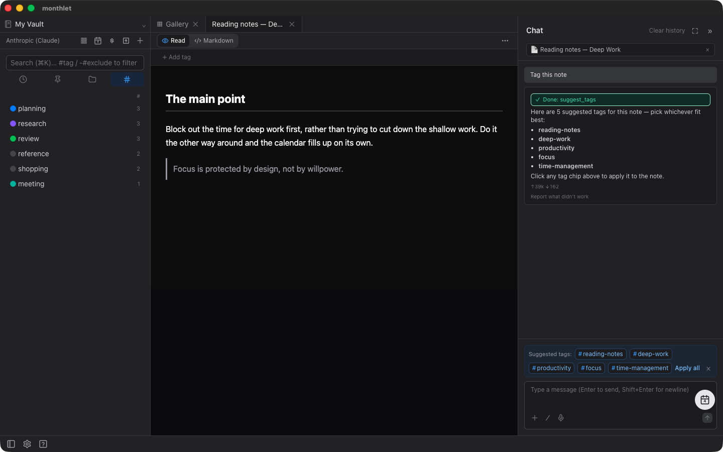 Suggested tags shown above the chat input, each one a chip you can press to attach