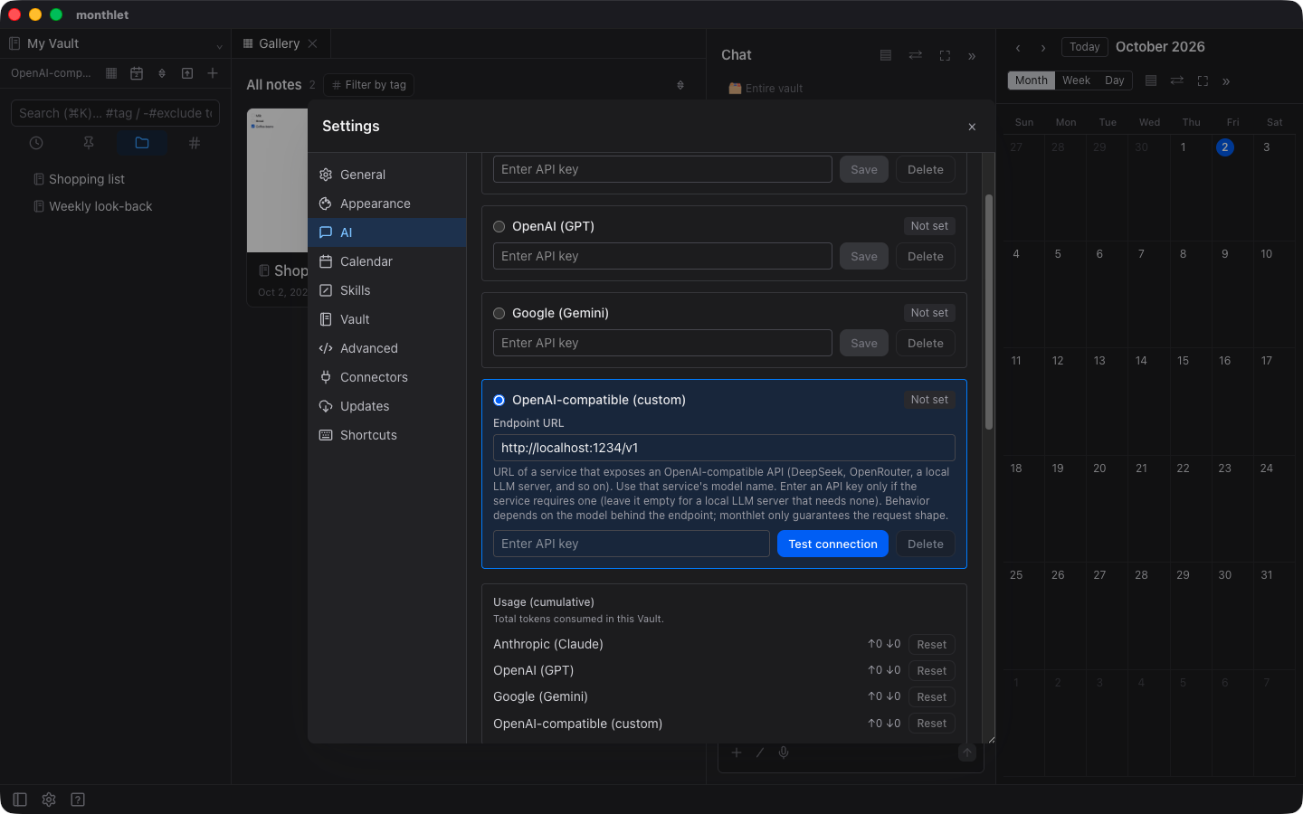 The fourth card on the AI tab in Settings, “OpenAI-compatible (custom)”, with the “Endpoint URL” field and the API key field