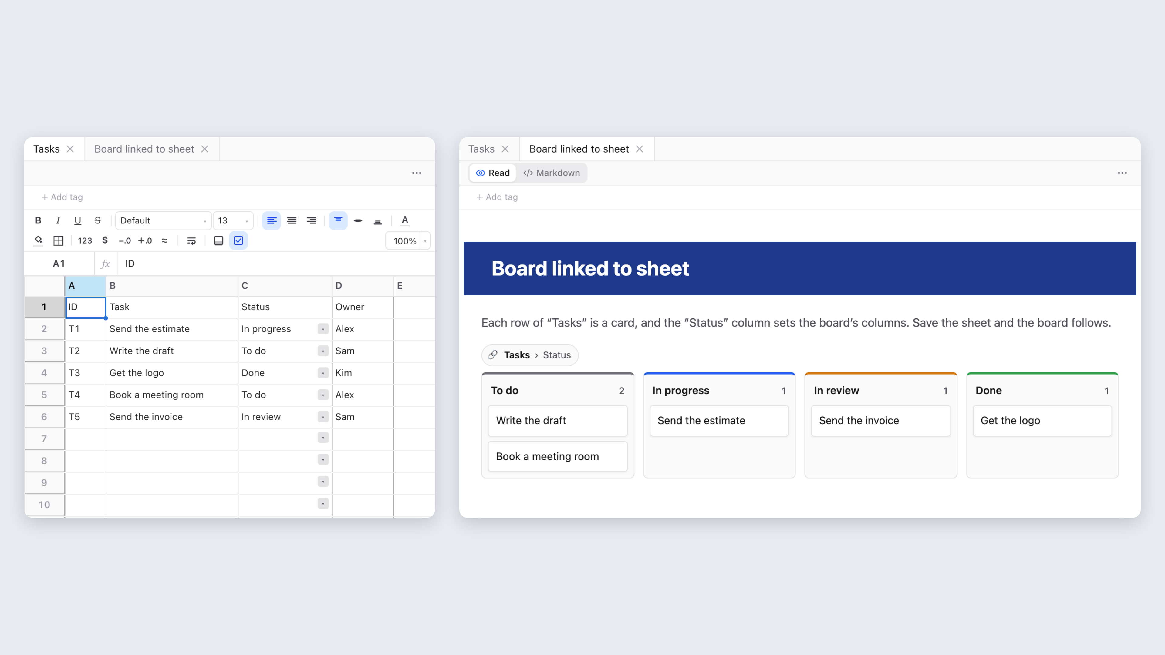 Left: a sheet named “Tasks” with ID, Task, Status, and Owner columns. Right: a note with a kanban board linked to that sheet, showing To do, In progress, In review, and Done columns with one card per row