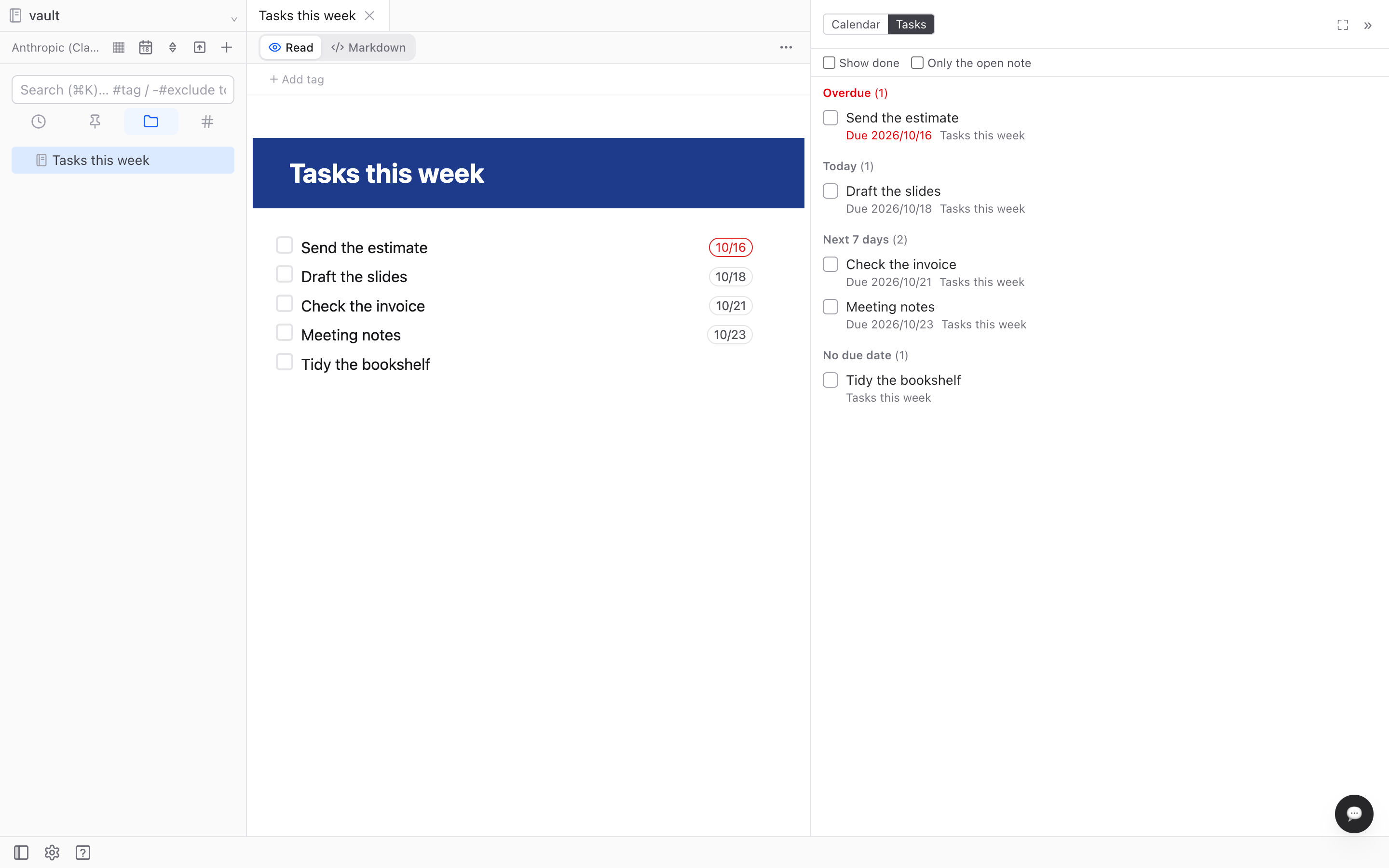 A note with five checklist items and their due dates, and the calendar panel switched to Tasks, listing them under Overdue, Today, Next 7 days and No due date