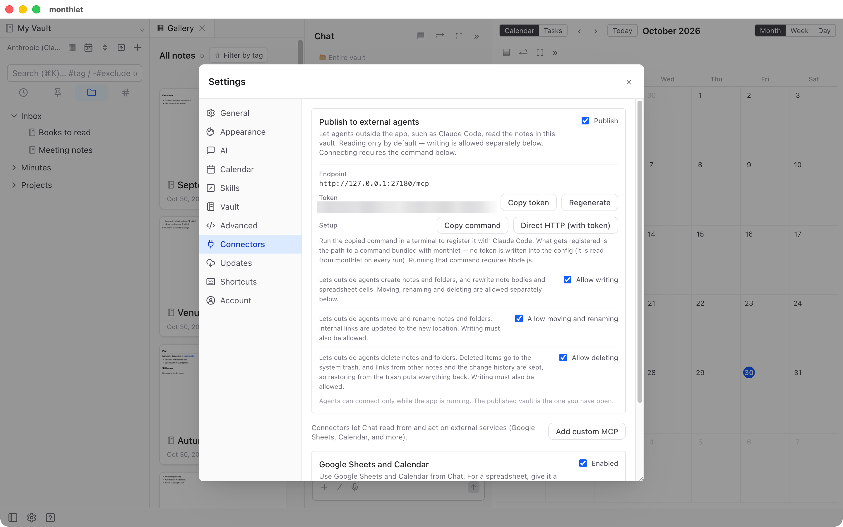Settings, Connectors tab: Publish to external agents with Allow writing, Allow moving and renaming, and Allow deleting turned on. The Allow deleting hint says deleted items go to the system trash, links from other notes and the change history are kept, and writing must also be allowed