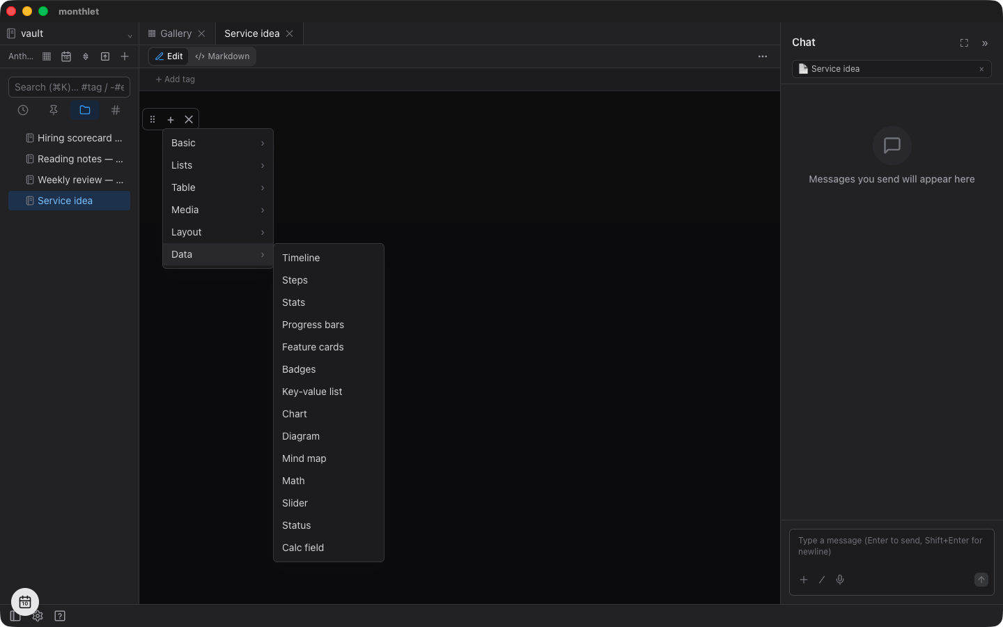The component picker opened with “+”. The “Data” group lists Diagram, Mind map, Math, Slider, Status, and Calc field
