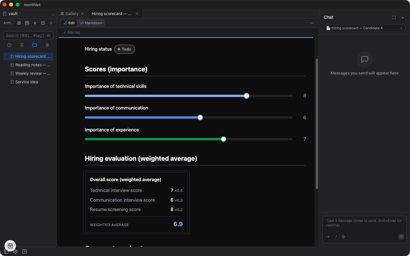 An evaluation sheet built with sliders and a calculation field, open in edit mode. Below the status badge and the sliders are the calculation field’s input fields, their weights, and the result