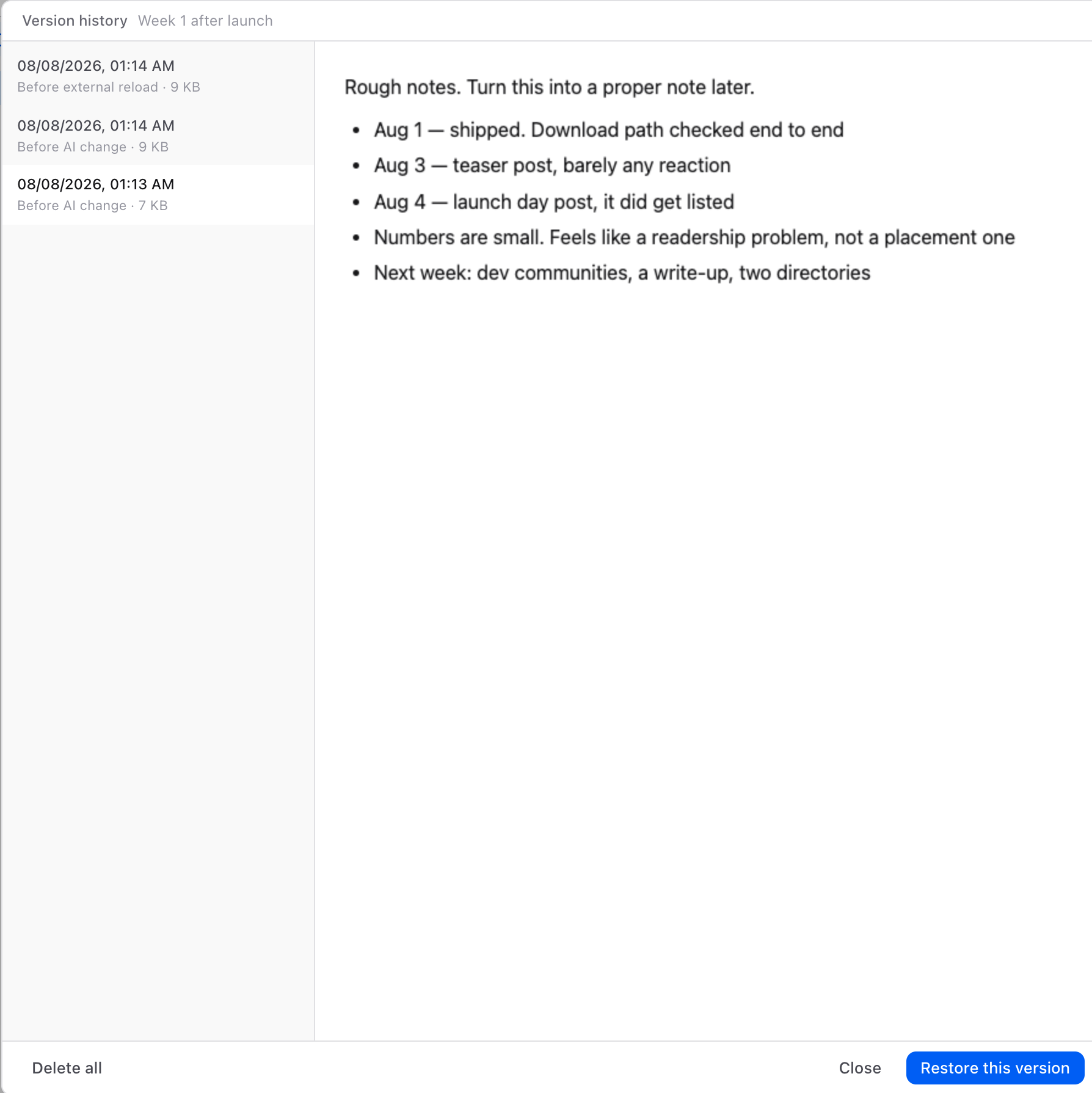 The list of versions, with a preview of the selected one