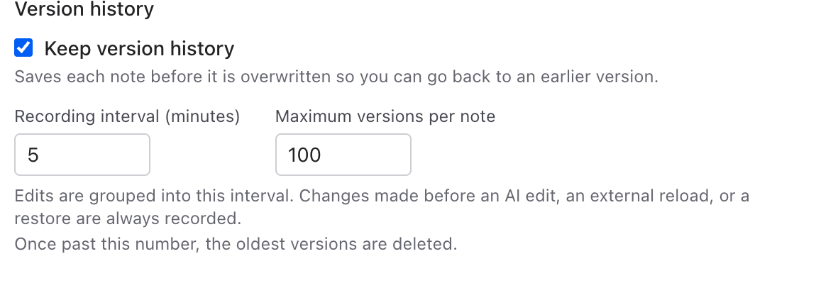 The version history settings