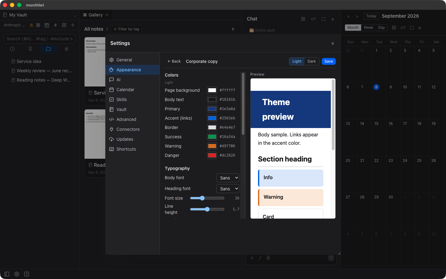 The theme editor, with the palette and per-block settings on the left and a live preview of a note on the right