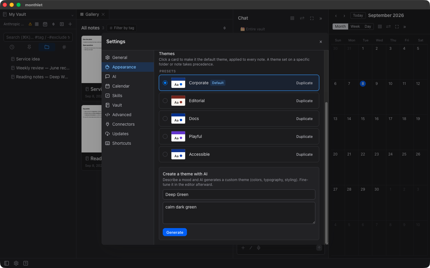 The theme generation panel with a name and a short description of the look filled in, above the generate button
