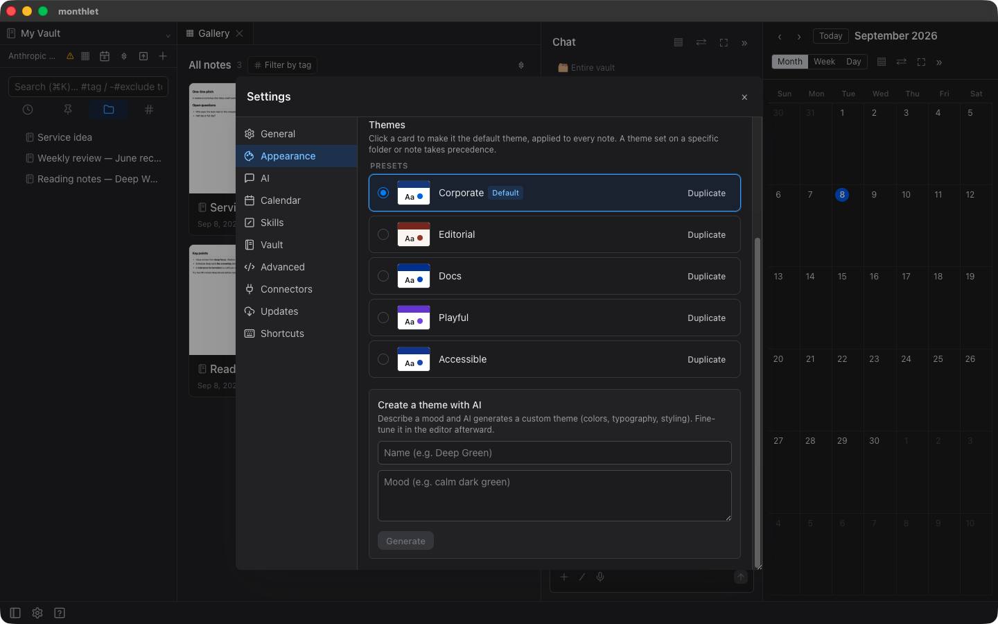 The appearance section of settings, with the preset theme cards laid out — each row shows color swatches and a button for duplicating the theme