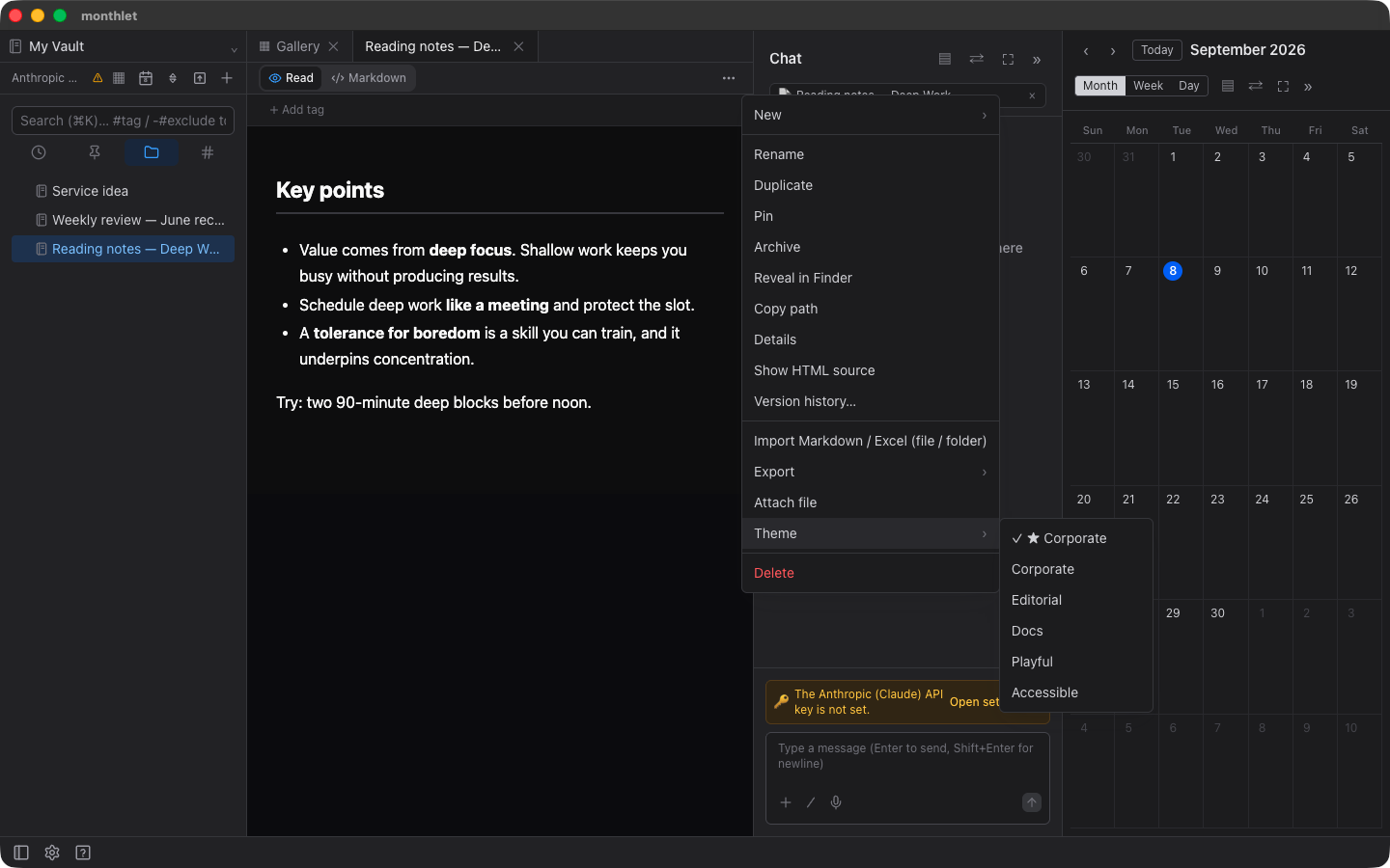 A note’s theme list open from its menu, where the entry marked with a star is the theme it is currently inheriting