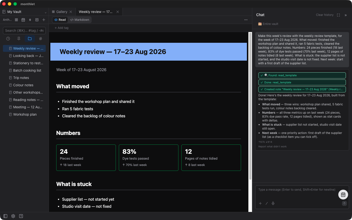 A weekly review created from chat: the request on the right, and the note built on the Weekly review template on the left