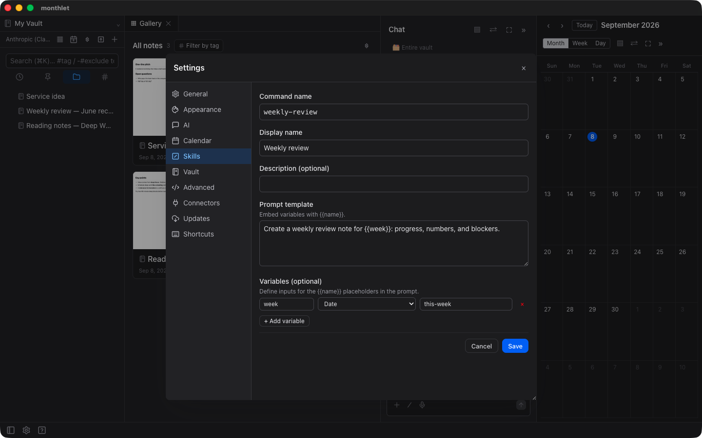 The skill editor with a command name, a display name, and a prompt whose {{week}} placeholder becomes a variable
