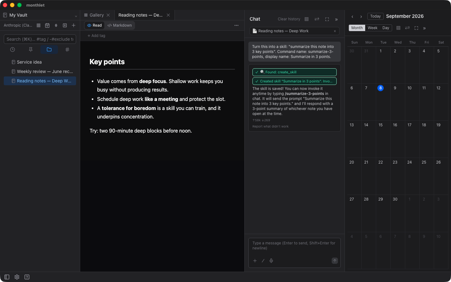 A chat exchange where the AI is asked to save an instruction as a skill and confirms the new slash command