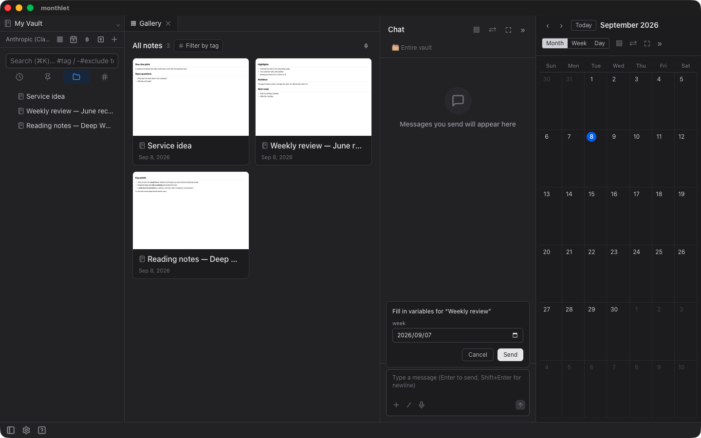The form that appears when a skill with variables is called, with a date field already filled in and a send button