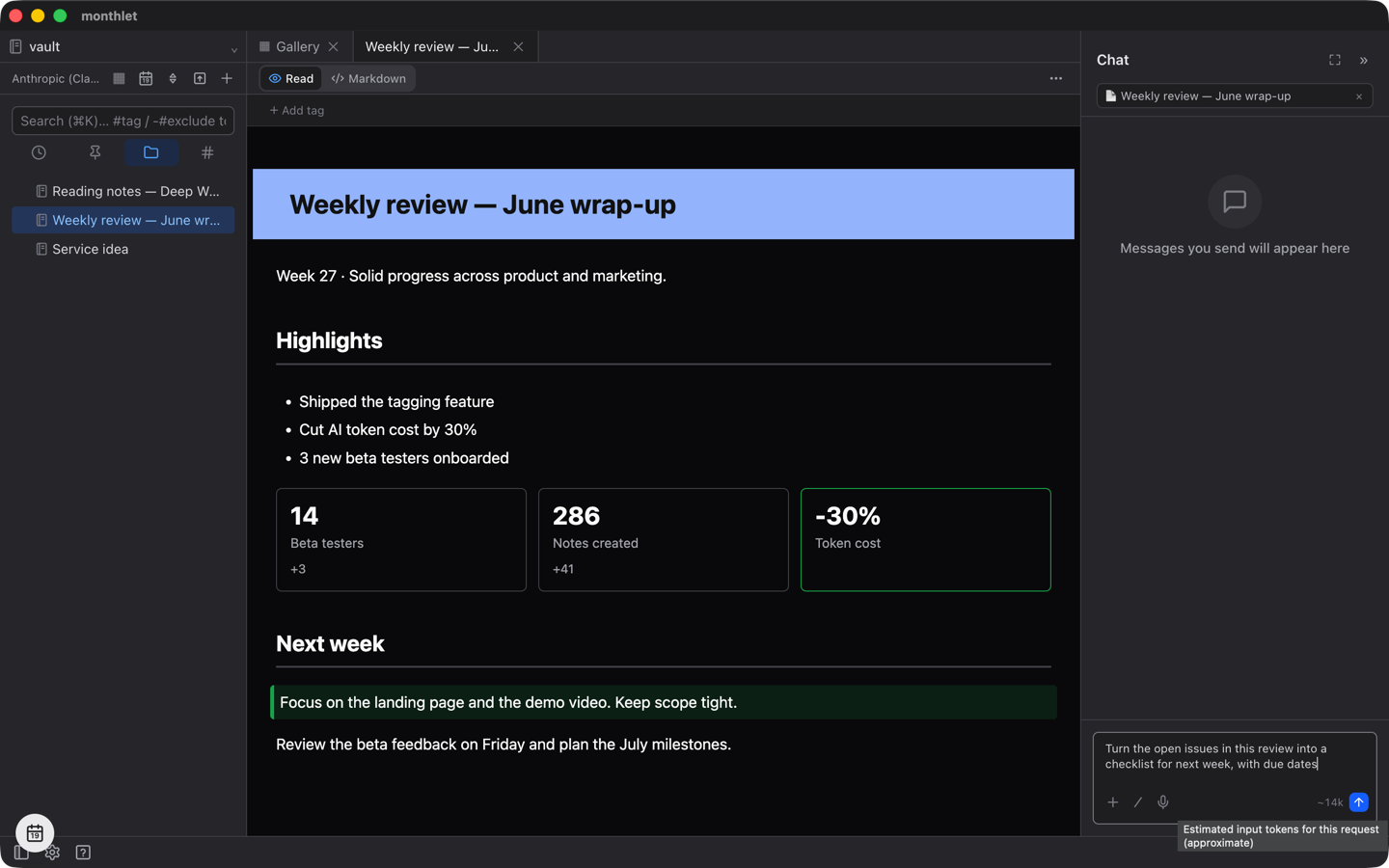 The chat input with a small “~14k” estimate to the left of the send button and its tooltip, “Estimated input tokens for this request (approximate)”