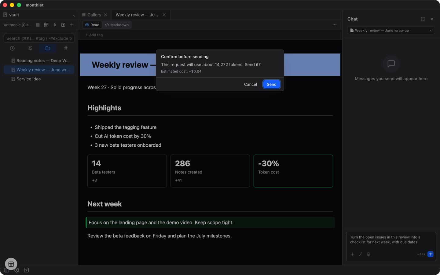 The Confirm before sending dialog saying the request will use about 14,272 tokens, with an estimated cost of about $0.04 and Cancel and Send buttons