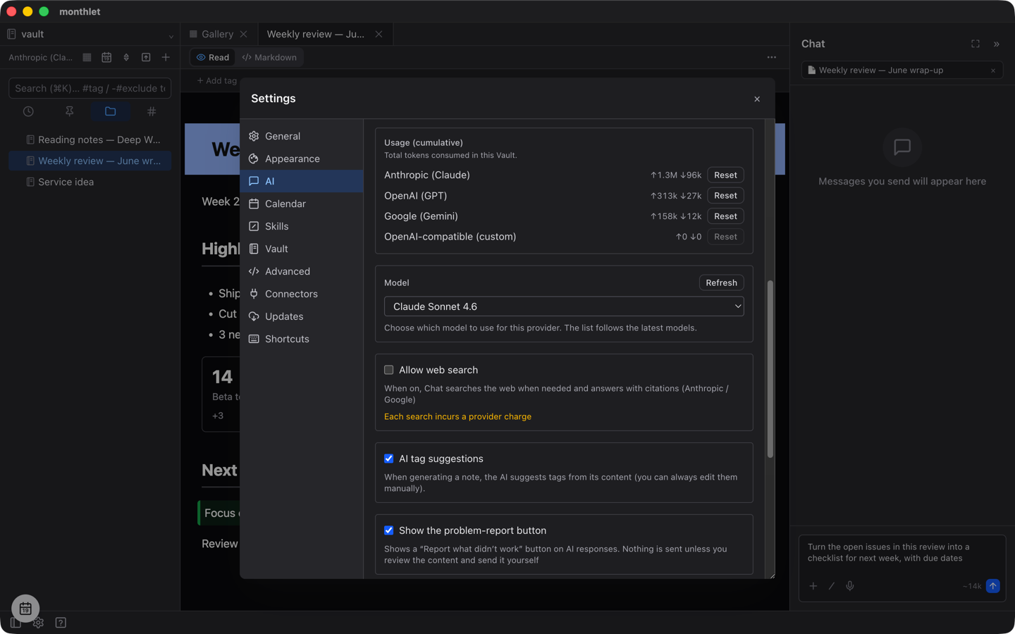 The Usage (cumulative) section in the AI tab of settings, listing input and output token totals for Anthropic, OpenAI, Google and an OpenAI-compatible connection, each with a Reset button